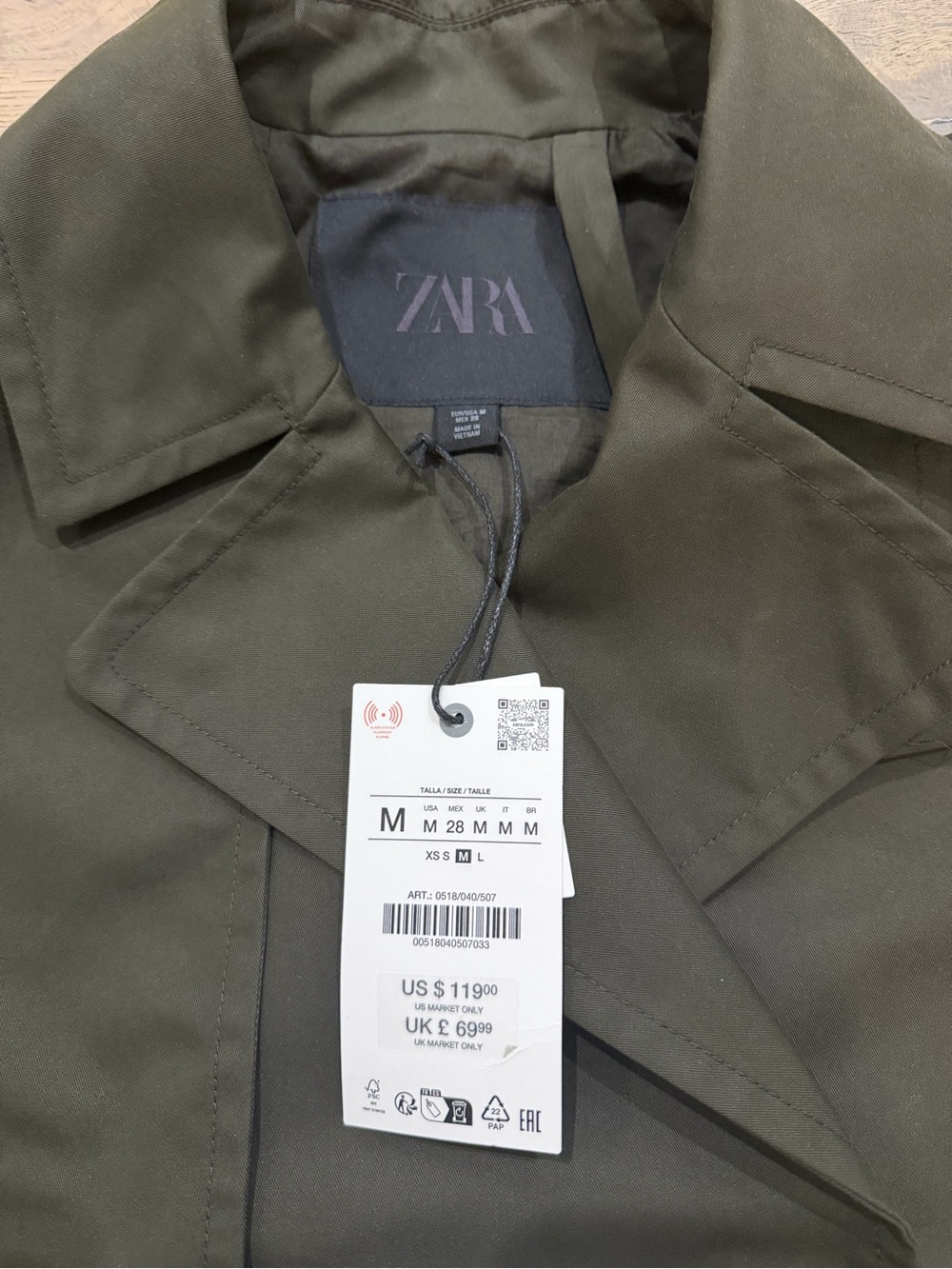 NWT Zara ZW Collection Water Repellent Cropped Trench Dark Khaki - Medium - Picture 8 of 13